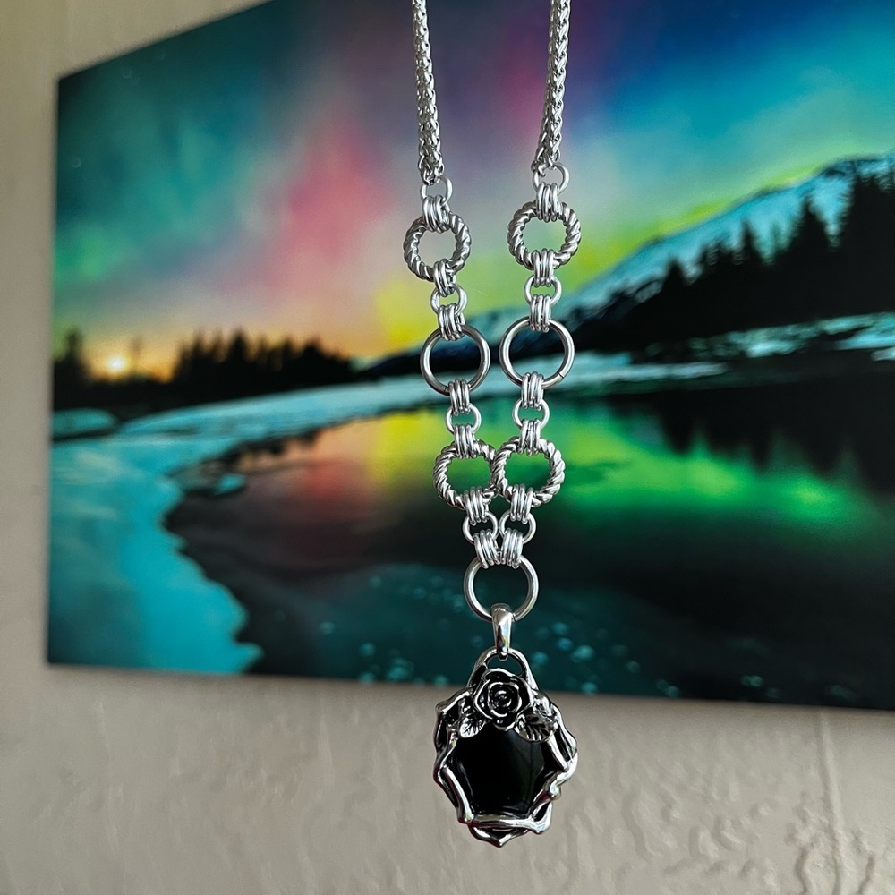 Stainless steel necklace double chain black onyx gemstone rose charm boho goth - Picture 9 of 10